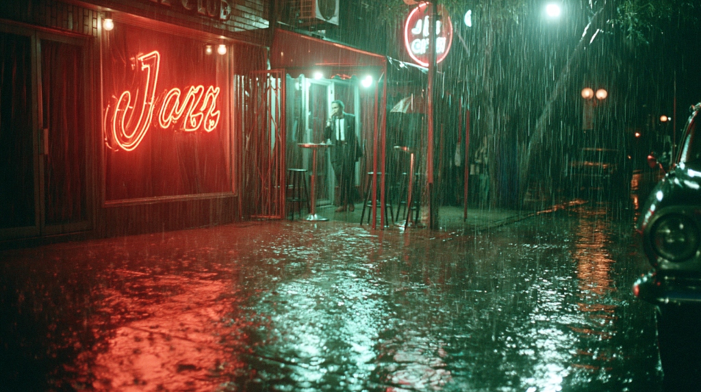 Neon Red Jazz Sign in Heavy Rain