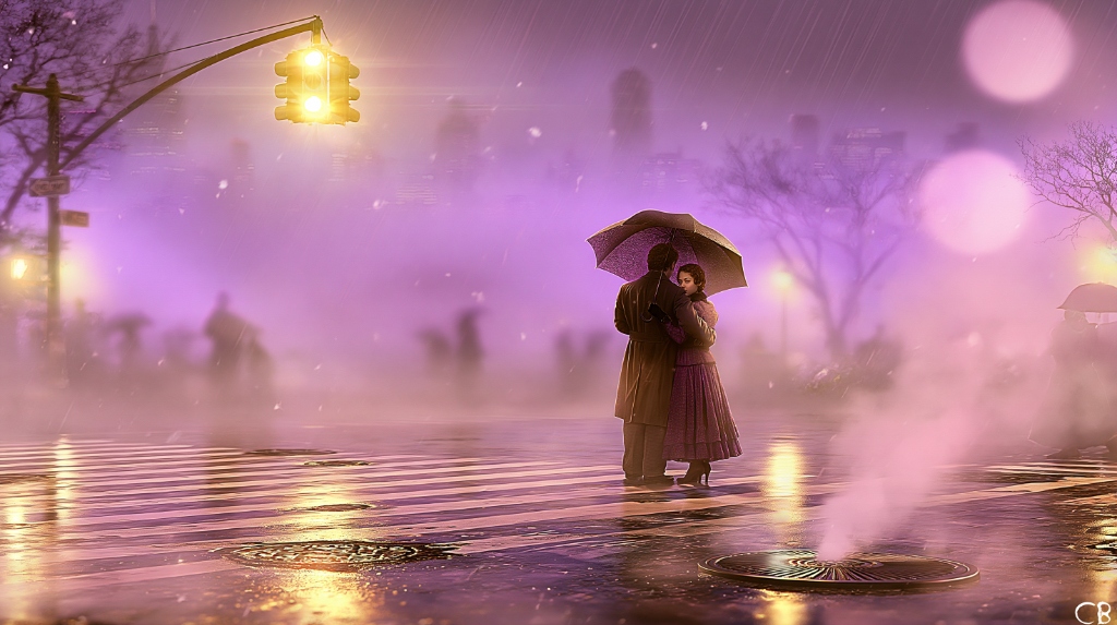 Couple with Umbrella in Purple Haze