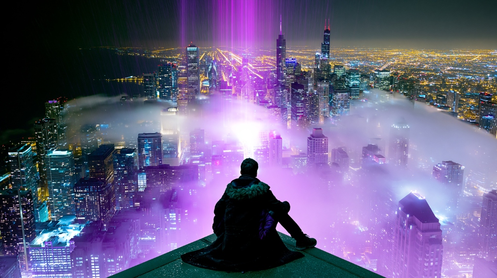 Rooftop City Skyline with Purple Beam