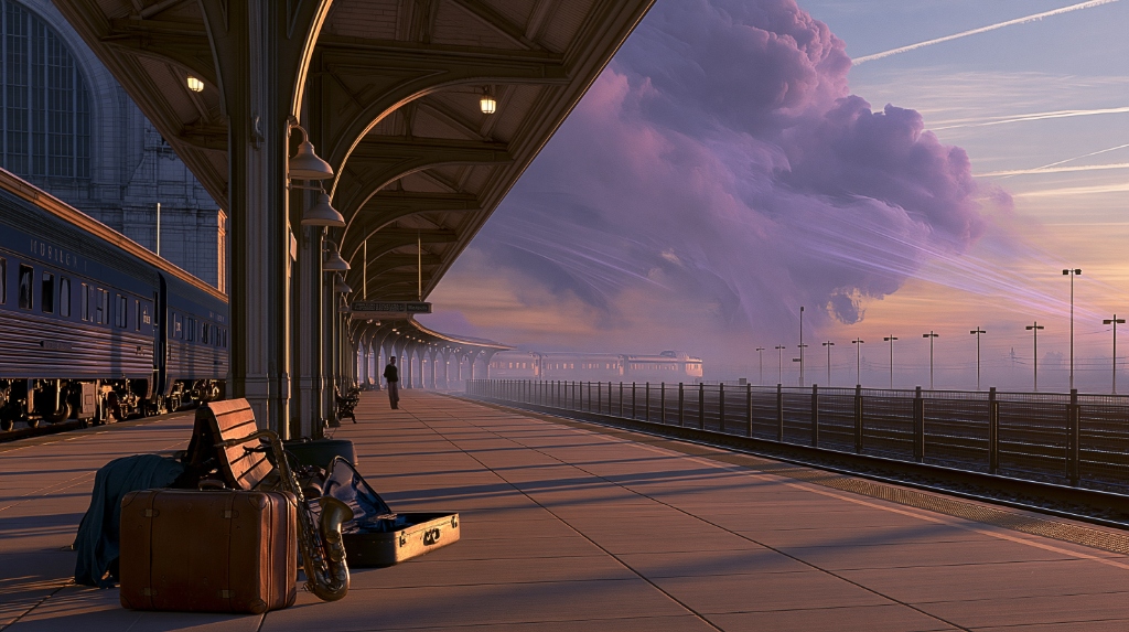 Sunset Train Station with Saxophone
