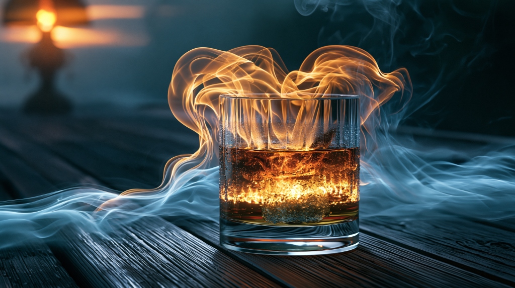 Whiskey Glass with Flame and Smoke